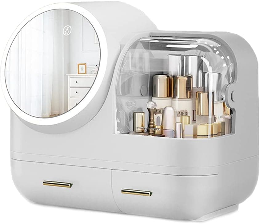 FIPUEN Cosmetics Storage Box, Makeup Organizer with LED Light Fan and Mirror, Rechargeable Waterproof Portable Jewelry Drawer, Suitable for Bedroom Bathroom Vanity Dress (White)