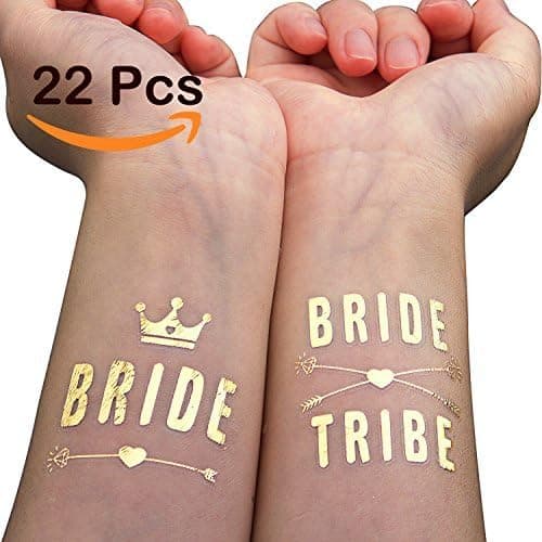 WATINC 22 Pack Bachelorette Bride and Bride Tribe Temporary Tattoos, Metallic Shiny Gold Flash, Bachelorette Party Supplies Ideas Accessories Favors