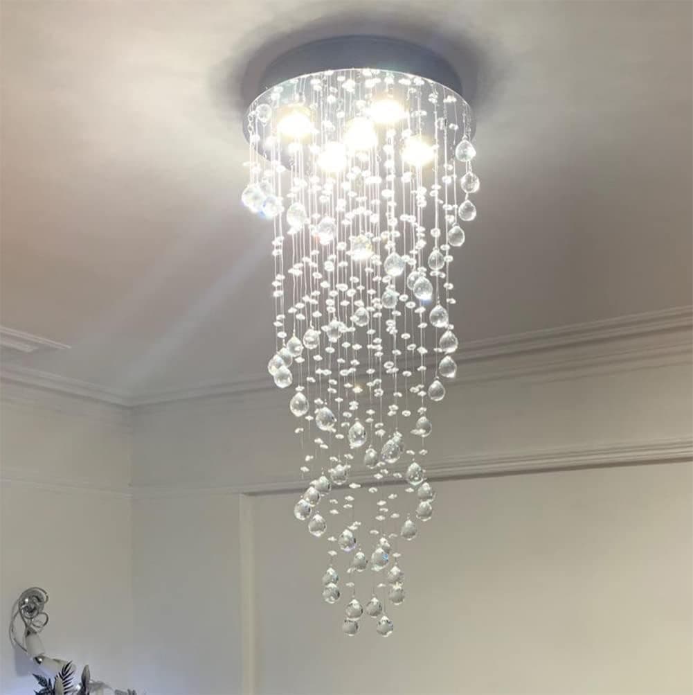 A1A9 Elegant Spiral Crystal Chandelier Lighting, Clear K9 Crystal Raindrop LED Ceiling Lights Chrome Flush Mount Pendant Light Fixture for Livingroom Dining Room Hallway Stairway Foyer (D16'' H35'')
