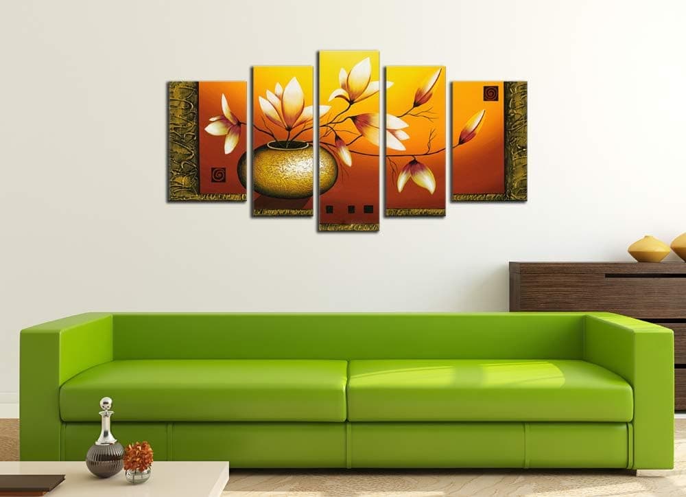 Wieco Art Floral Oil Paintings on Canvas Wall Art Ready to Hang for Living Room Bedroom Home Decorations Large Golden Bottle Elegant Flowers Modern 5 Panels 100% Hand Painted Gallery Wrapped Artwork