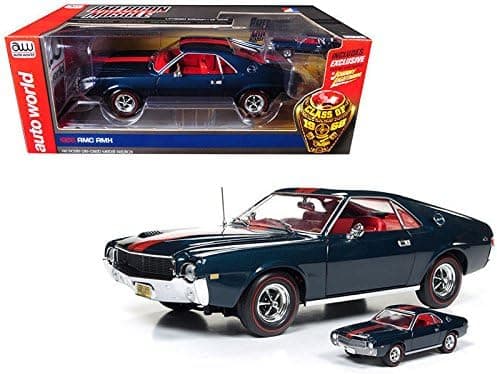 NEW DIECAST TOYS CAR AUTO WORLD 1:18 AMERICAN MUSCLE - 1968 AMC AMX WITH 1:64 JOHNNY LIGHTNING REPLICA DARK BLUE WITH RED STRIPES AMM1124