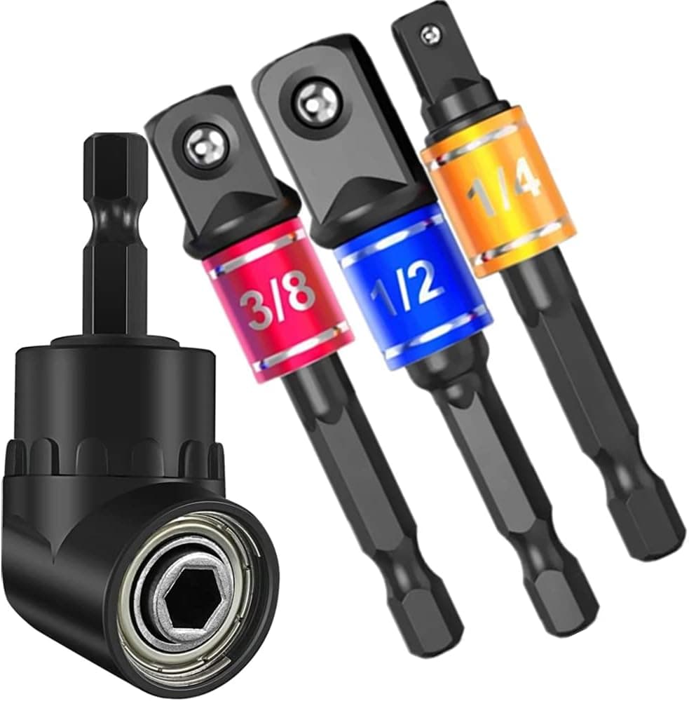 ALINGOTU Impact Driver Bits and 105 Degree Not 90 Degree 1/4 Inch Right Angle Drill,4-Piece Set ,Socket Adapter for Drill,1/4", 3/8", and 1/2" Drive,Black,Cr-V Steel ,Best Christmas Gifts for Men