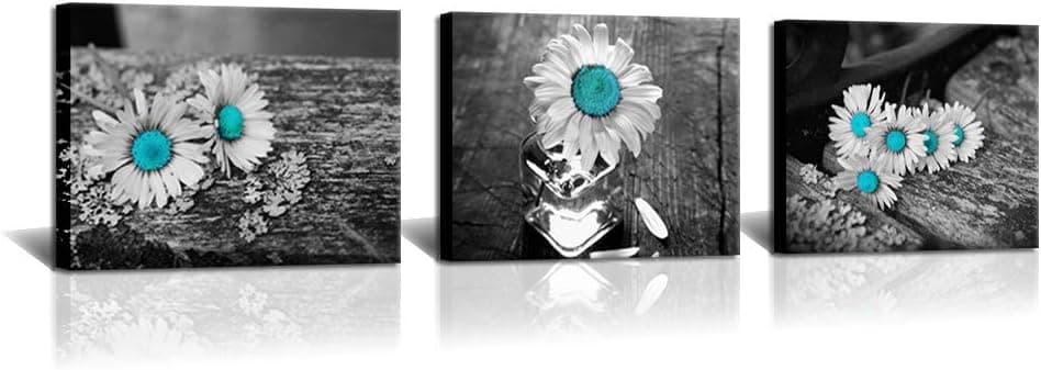 SkenoArt 3 Piece Rustic Floral Canvas Wall Art Vintage Daisy Pictures Turquoise Flowers Painting Artwork for Bedroom Bathroom Home Decoration Retro Black White Teal Farmhouse Prints Ready to Hang