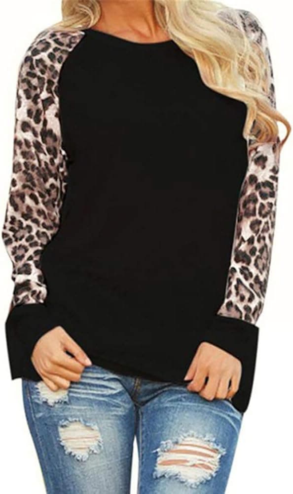FarJing Womens T Shirts Leopard Print Patchwork Tops for Ladies Long Sleeve Leopard Printed Casual Blouse