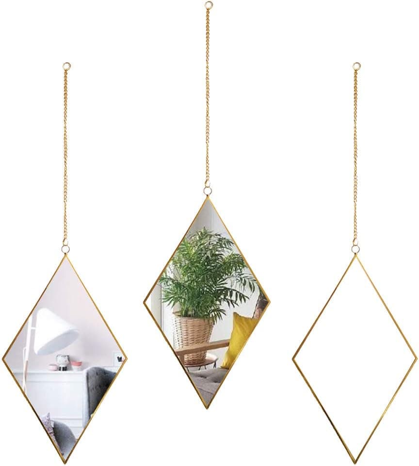 AFFOMO Hanging Wall Mirror 3 Piece Diamond Small Wall Decor Gold Mirror with Chain for Home Decor Bathroom Bedroom Living Room