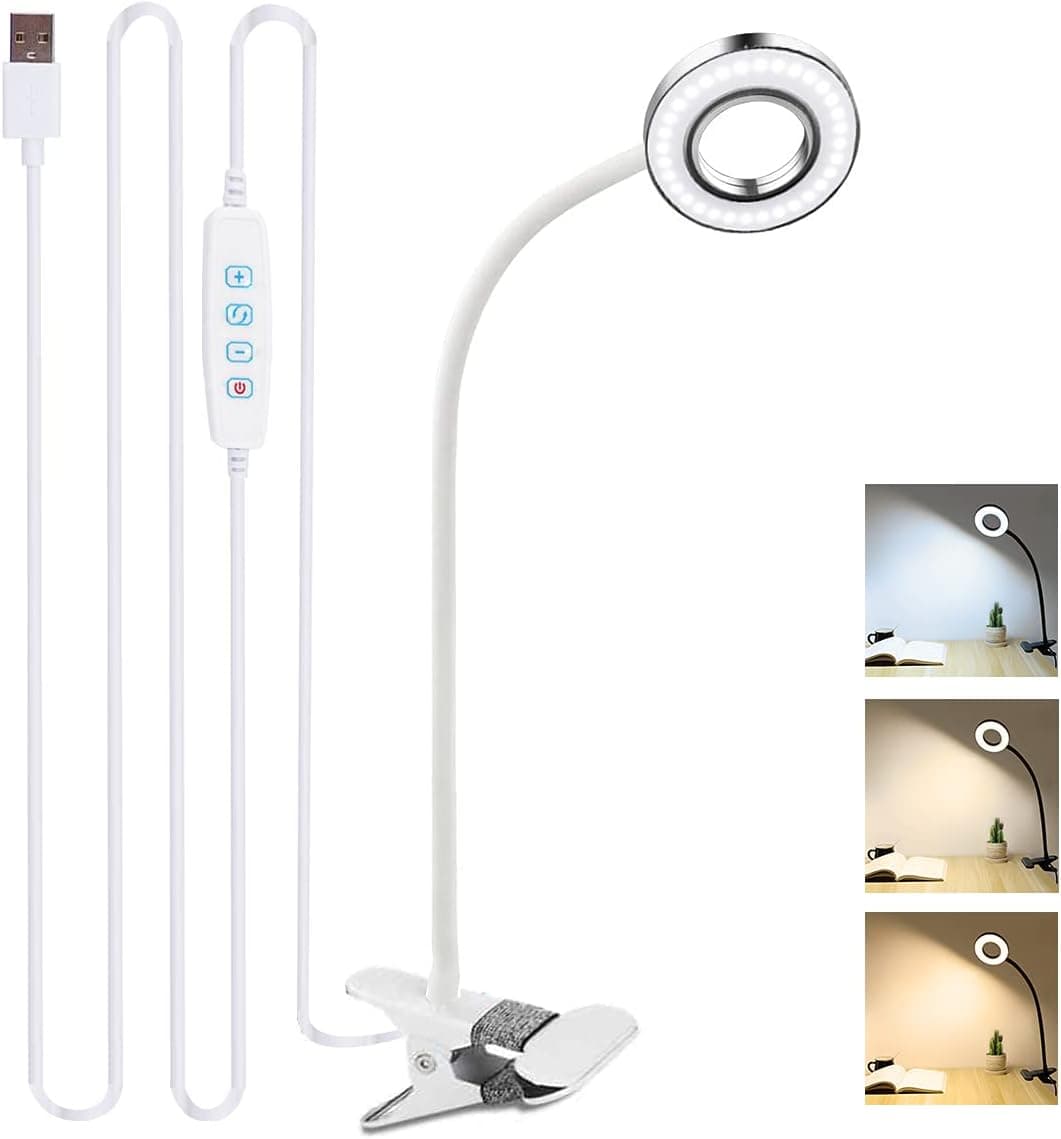 Book Light, Book Light for Reading in Bed 48 LED USB Desk Light 7W Clip on Light,Desk lamp with 3 Color and 10 Brightness Dimmer, Gooseneck Book Bed Lamp,Bed Bed Light with Memory Function