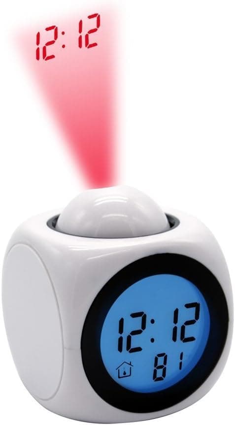 Digital Projection Alarm Clock Soft Blue LED Backlight Indoor Temperature Display Music Clock Battery Operated, White