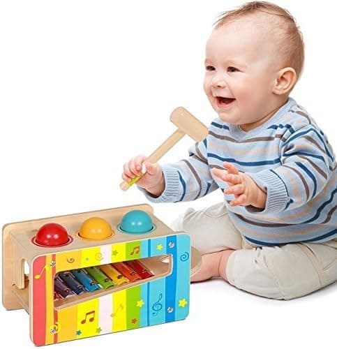 Pidoko Kids Pound and Tap Bench with Slide Out Xylophone - Toddlers Wooden Early Educational Hammer and Musical Toys for 1 Year Old and up