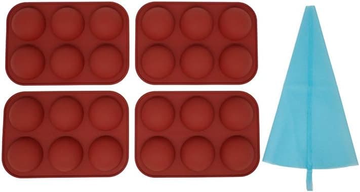 YLVV 6-Cavity Semi Sphere Silicone Mold, Baking Mold for Making Hot Chocolate Bomb, Cake, Jelly, Dome Mousse- 4 PCS +1PCS 10'' Icing Piping Bag(red brick 4+1pcs)