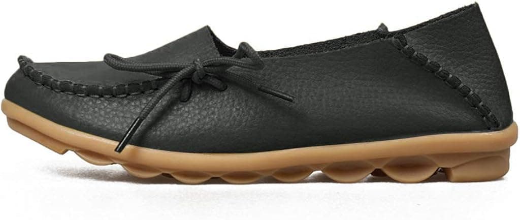 FAYALE Women's Driving Shoes Cowhide Leather Lace-Up Loafers Boat Shoes Flats (7 B(M) US, Black)