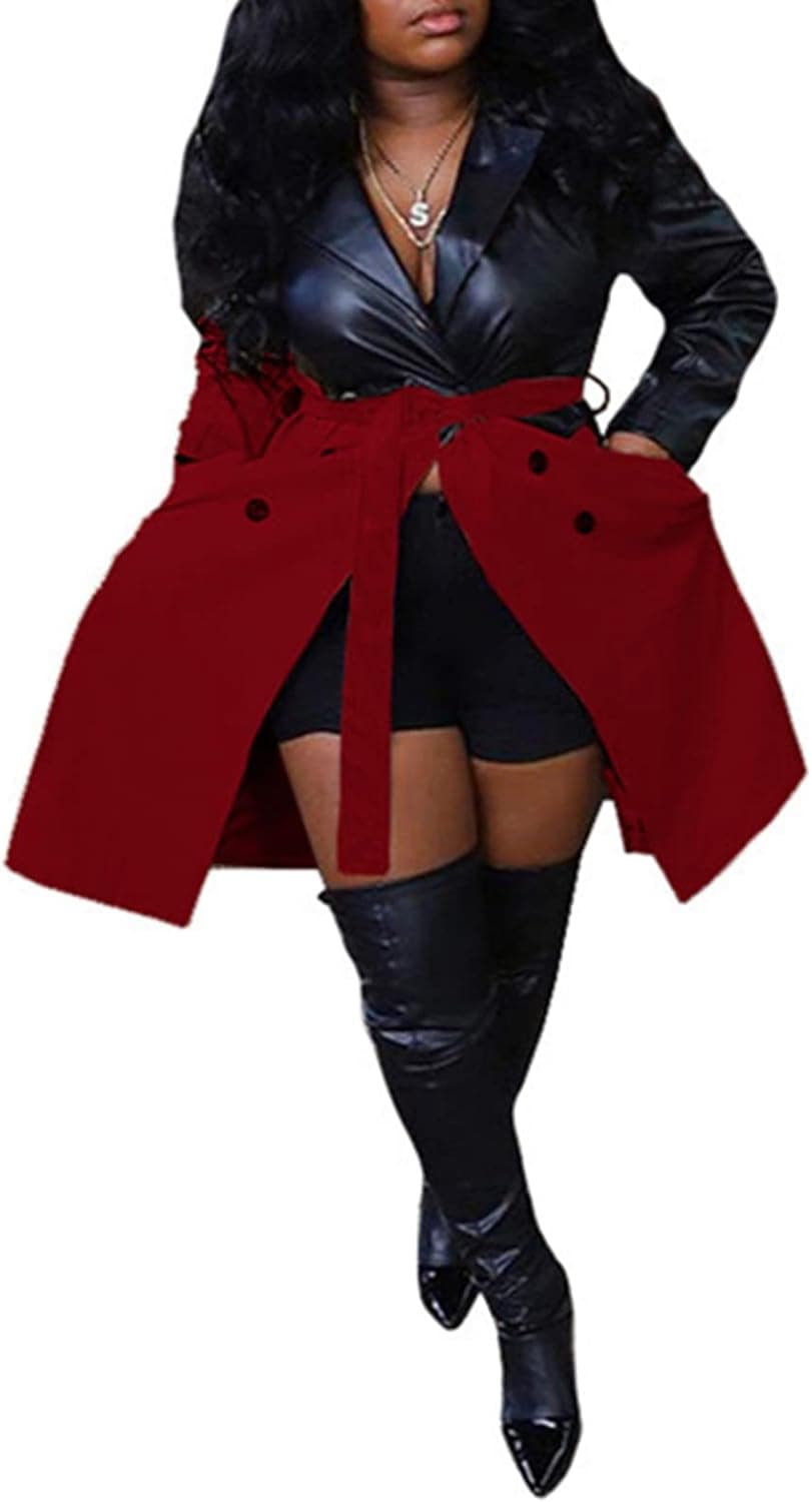 SAMACHICA Women Plus Size Faux Leather Double Breasted Trench Coat Classic Belted Lapel Overcoat