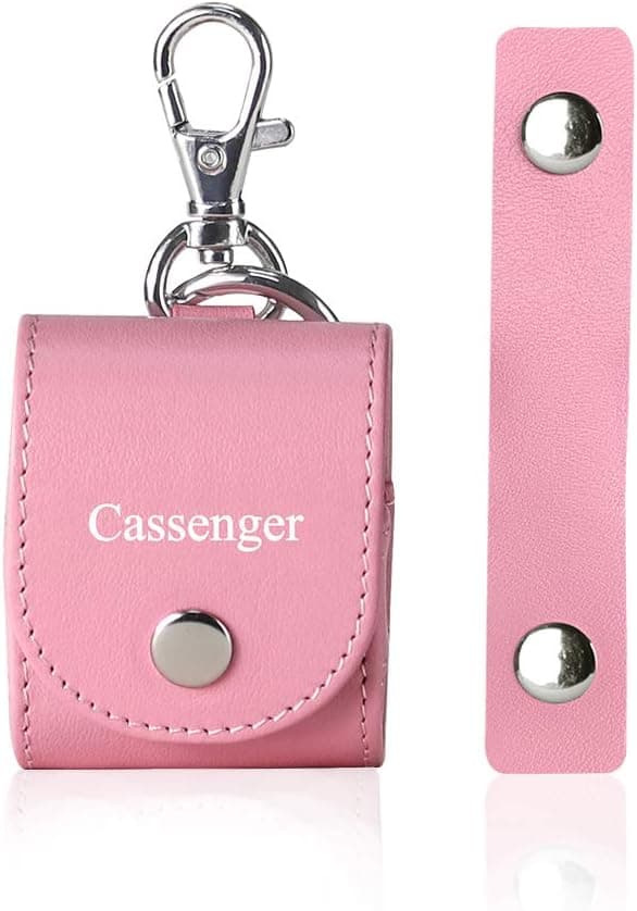 Compatible with Apple Airpods 1st, Cassenger Genuine Italian Leather Magnet Closure Portable Protective Case Cover with Metal Clasp/Keychain/Leather Cable Strap - (Pink)