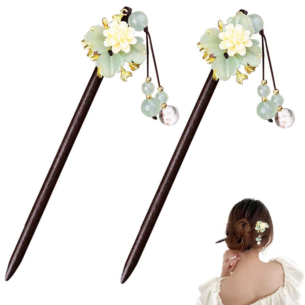 2 Pieces Japanese Vintage Flower Wooden Hair Stick Glass Glazed Flower Chinese Hairpin Ethnic Hair Stick, Wooden Handmade Gift for Women Girls Long Hair Decor