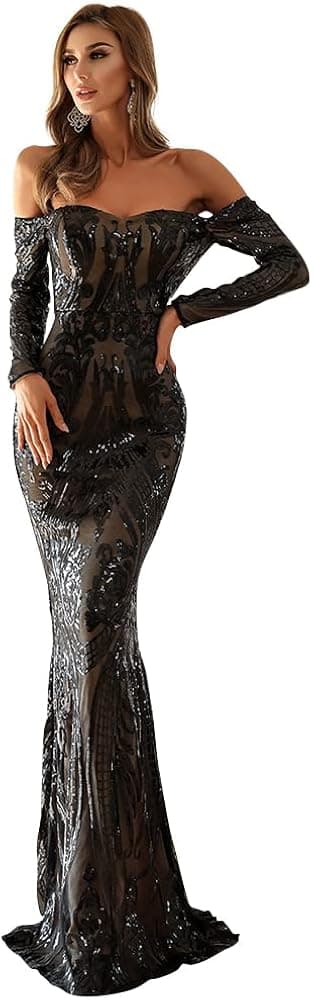 Miss ord Sexy Long Sleeve Retro Party Dress Sequin Formal Maxi Dress, Elegant Mermaid Evening Prom Gown