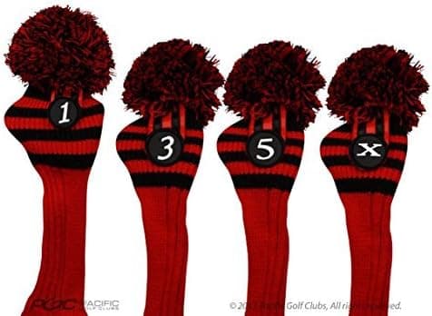 Pacific Golf Clubs Head Covers 1 3 5 X Black and Red Knit Retro Old School Vintage Stripe Pom Pom Throwback Classic