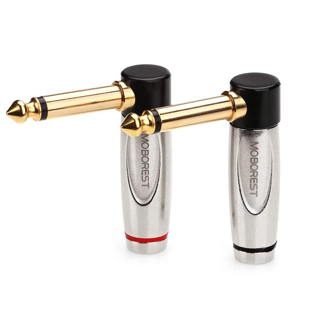 MOBOREST Audio TS 1/4 Inch (6.35mm) Mono Male Plug Connectors for Speaker Cables, Patch, Snakes, Guitar, Mic, Cables, Upgraded high-strength alloy plating process Right Angle Solder Type plug - 2 PACK
