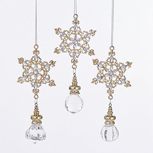 Kurt Adler 1 Set 3 Assorted Rose Gold Snowflake With Clear Gems And Drop Christmas Ornaments