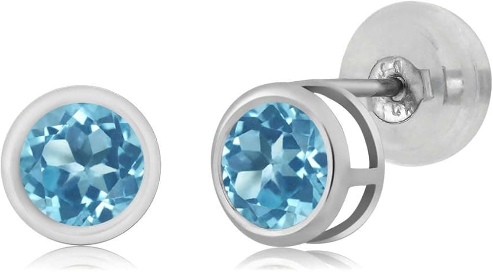 Gem Stone King 0.66 Ct Round 4mm Swiss Blue Topaz 14K White Gold Stud Earrings