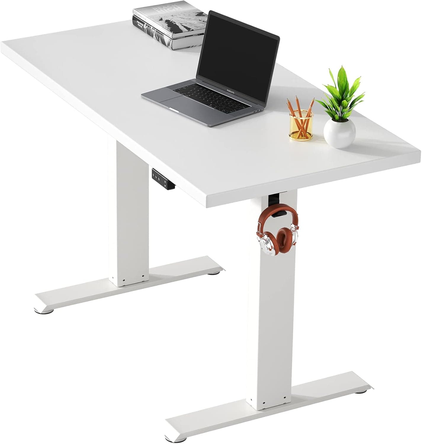 TEMPSPACE Electric Standing Desk 48 x 24 Inches, Adjustable Height Computer Desk, Whole Piece Board Sit Stand Desk for Home Office, Memory Preset White Frame + White Top 0.7”