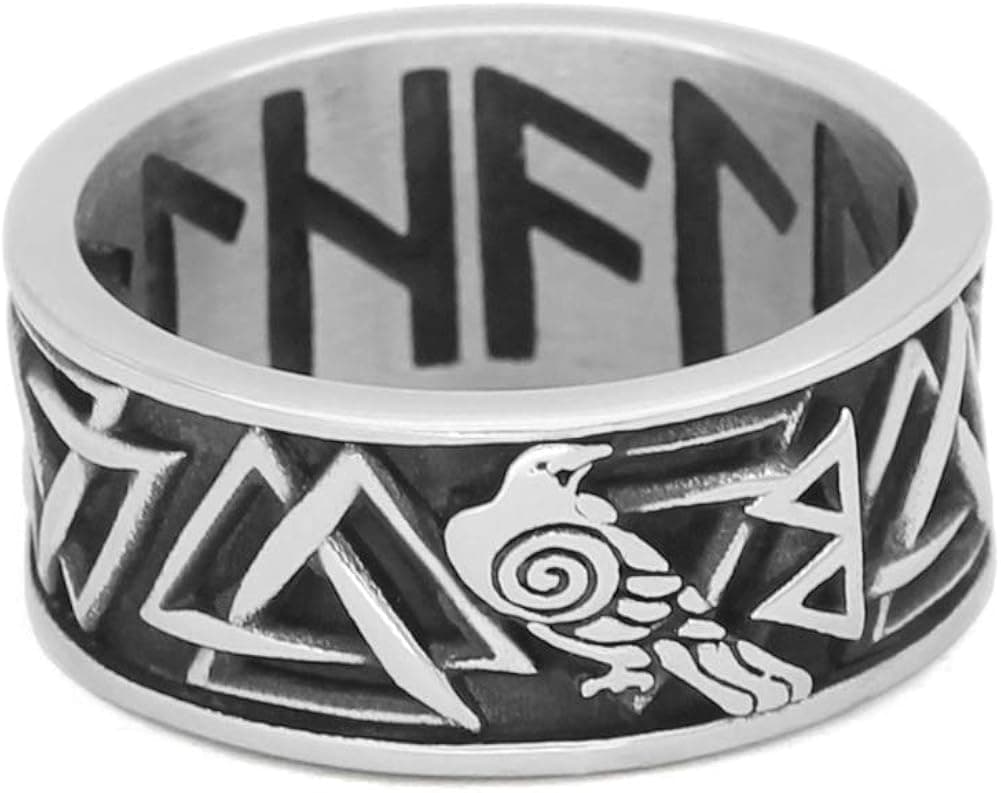GuoShuang Nordic Viking Odin Raven Huginn and Muninn Valknut Rune Amulet Ring Stainless Stee with Valknut Rune Gift Bag