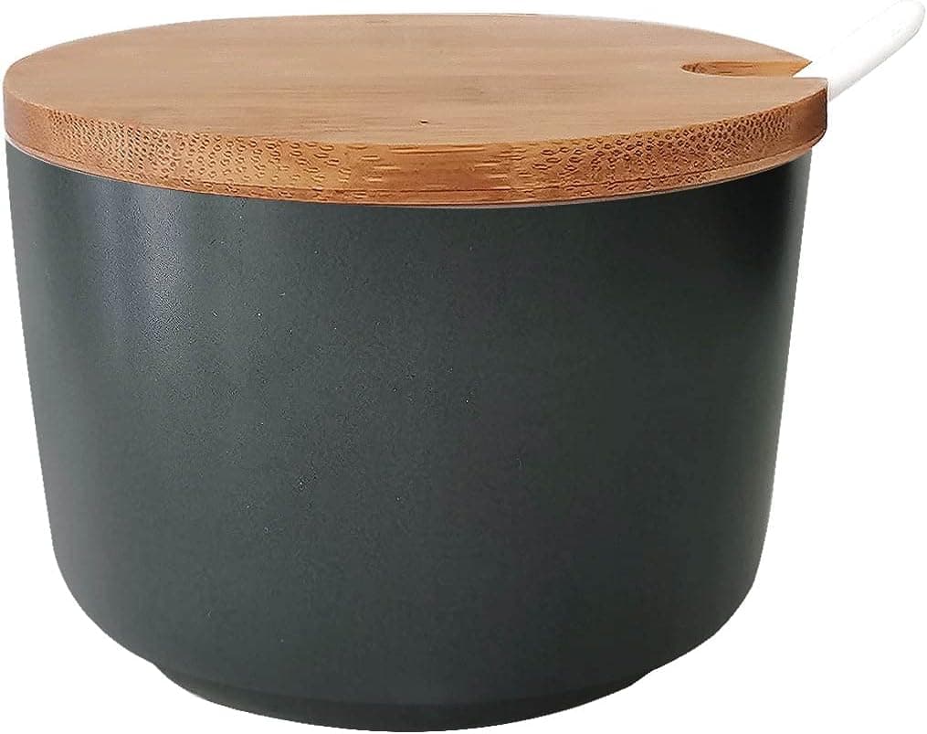 Rwaken Rawken Pure Color Ceramic Sugar Bowl with Wooden Lid and Spoon,Spice Jar with for Seasoning,13.5 oz400 ml,Black,ZRO-008