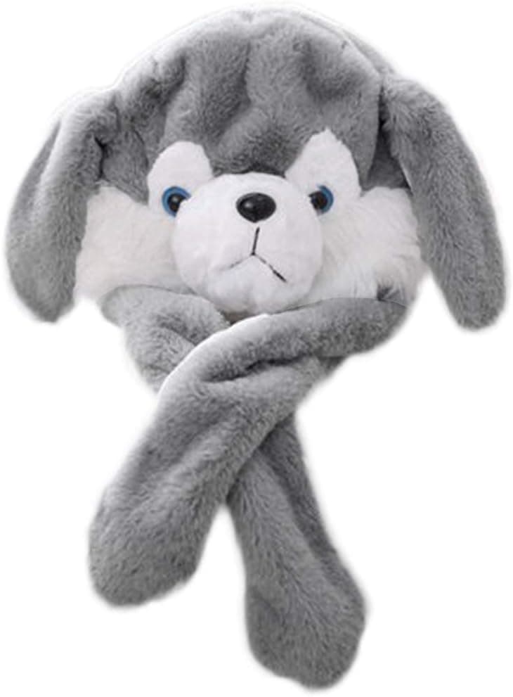 Zeiwohndc Unisex Light Up Husky Plush Animal Hat, LED Glowing Earflap Cap with Moving Long Ears Funny Puppy Dog,Gray+White