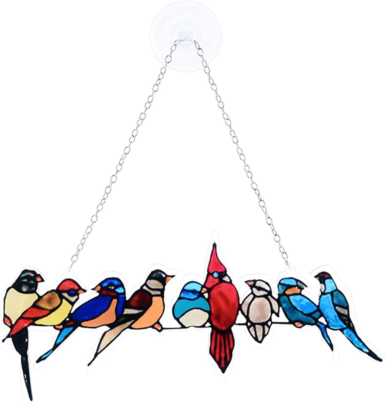 SAKIDOO Multicolor Birds on a Wire High Stained Suncatcher Window Panel Bird Series Ornaments Pendant Home Decoration, Hanging for Home Decoration (9 Birds)