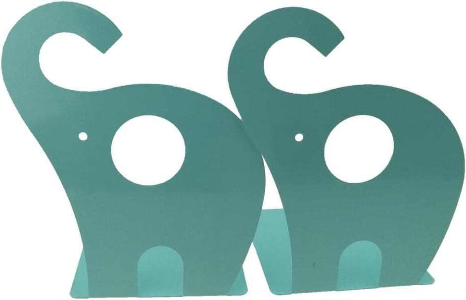 Winterworm Cartoon Cute Elephant Pattern Nonskid Metal Office Desk Bookends (Blue Green)