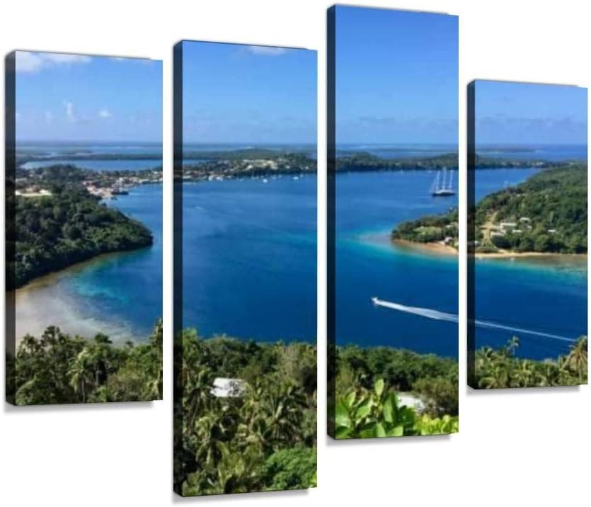 HIPOLOTUS 4 Panel Canvas Pictures neiafu Vava'U Tonga Scenic View Harbor View with Boats Stock Wall Art Prints Paintings Stretched & Framed Poster Home Living Room Decoration Ready to Hang