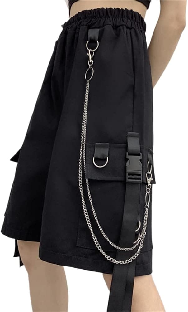 Knee Length Cargo Shorts for Women Girls Gothic Alt Scene Emo Pants Harajuku Y2k Baggy Streetwear Grunge Hip-hop Techwear