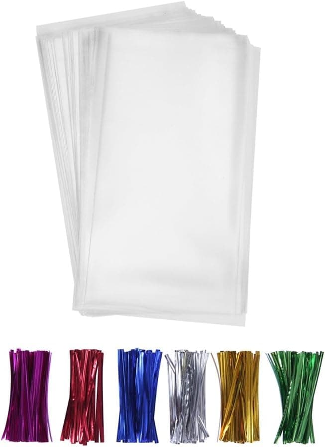 200 Clear Plastic Cello Bags 4x9 with 4" Twist Ties 6 Mix Colors - 1.4 mils Thick OPP Treat Bags for Gift Wrapping Packaging Decorations Storage (4'' x 9'')