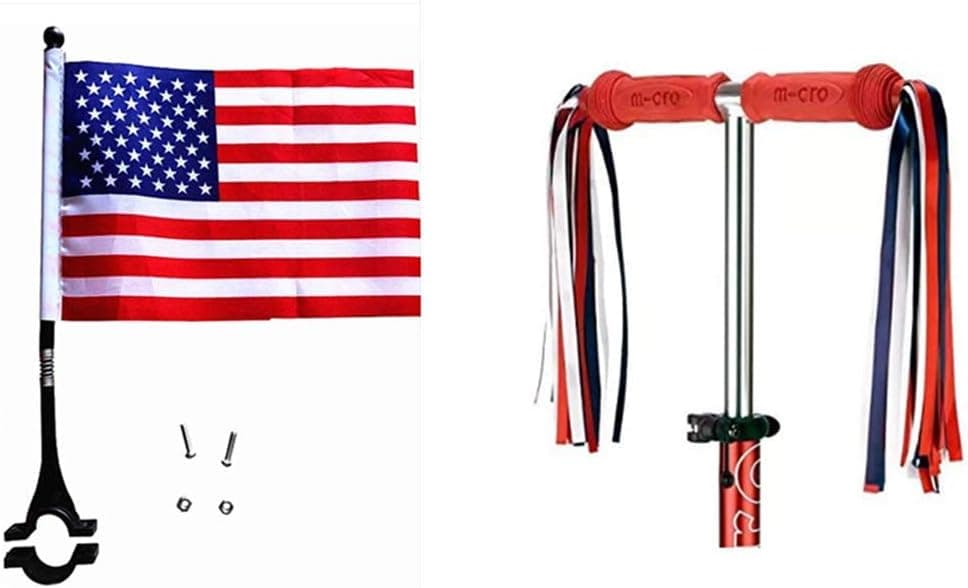 AISHEMI Kids Bike Satin Ribbon Streamer Scooter Cloth Tassel and American/USA Flag for Girls Boys - Easy Attachment to Cycle's Handlebars