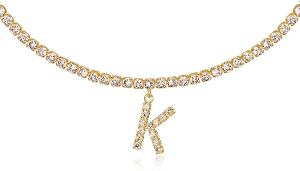 Letter Necklace 14k Gold Plated Tennis Chain Initial Choker Bling Iced CZ Diamond Necklace for Women