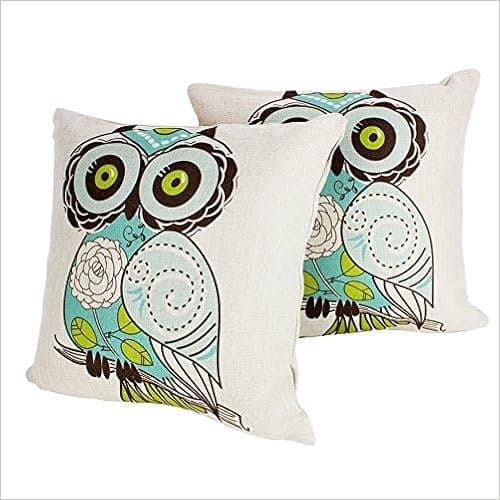 JML 2 Pack Decorative Pillow Covers-Square Cotton Linen Throw Pillow Case Covers with Unique Design Patterns, 18"x 18" (Printing Process, Owl)