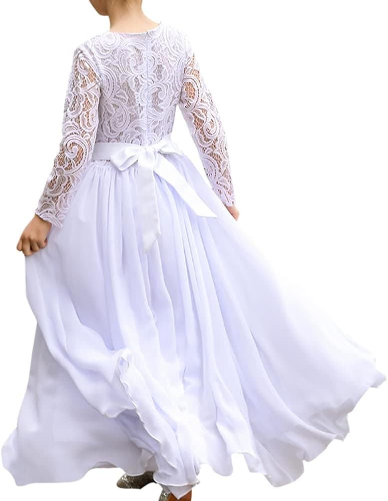 ABAO SISTER Fancy First Communion Flower Girl Dress Boho Chiffon A-line White Bridesmaid Dresses Wedding Party 2-12 Year Old