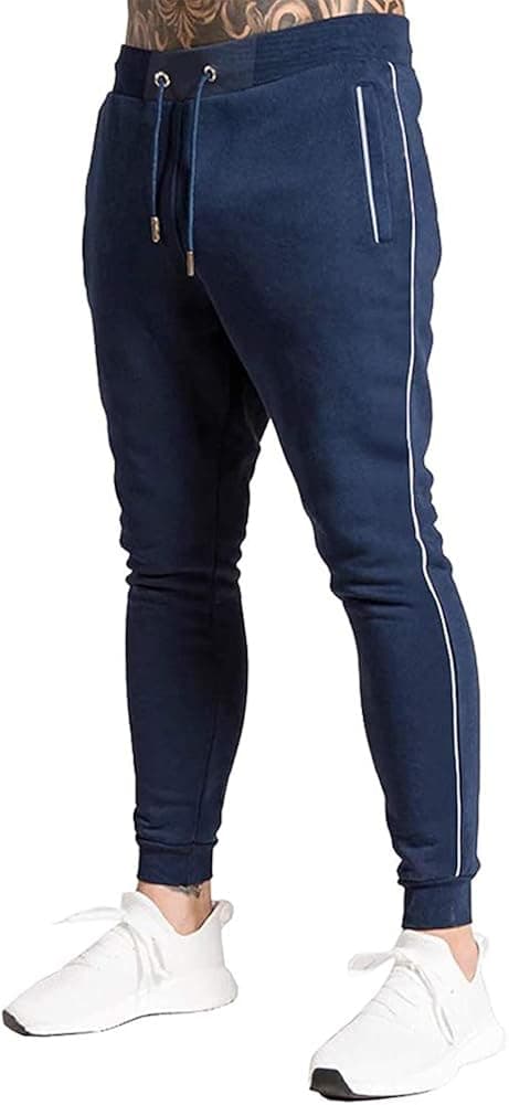 Men's Slim Sweatpants Jogging Pants Training Tapered Sports Drawstring Long Pants with Zipper Pockets,Navy