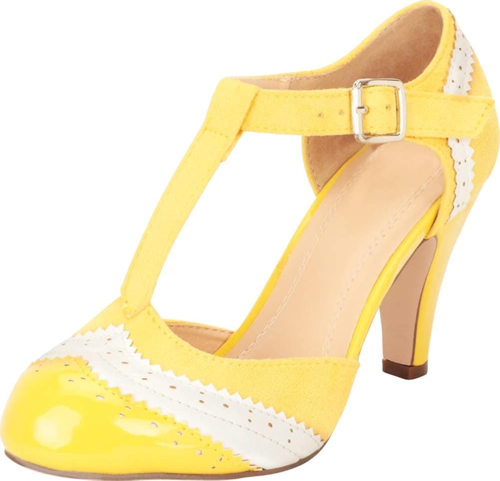 Cambridge Select Women's T-Strap Wingtip Style Cut Out Mid Heel Dress Pump,9 M US,Yellow/White