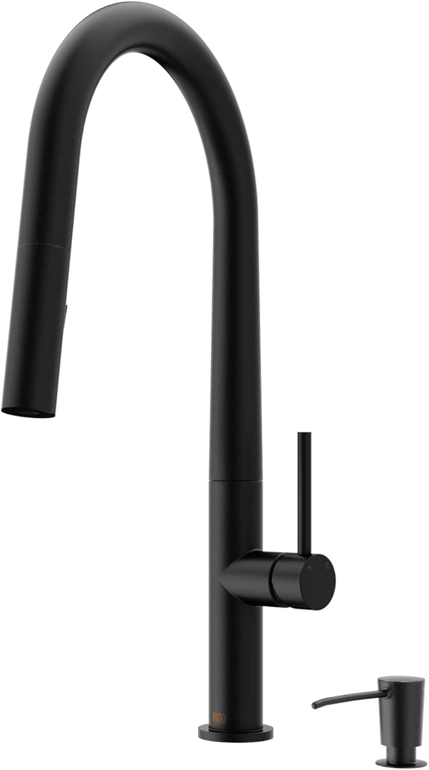 VIGO Greenwich Matte Black Kitchen Faucet with Pull-Down Sprayer | Solid Brass Faucet for Kitchen Sink with Soap Dispenser | Single-Handle Kitchen Sink Faucet with Dual Functioning Sink Sprayer