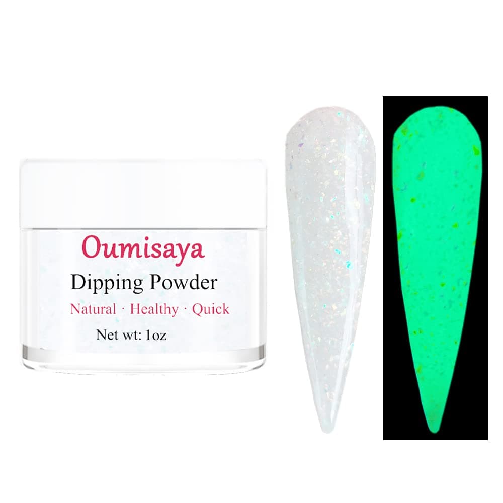 OUMISAYA Glow in the dark Holographic Nail Clear Dip Powder Colors 1OZ Pefect Top Coat Powder with opal foils for black nails art