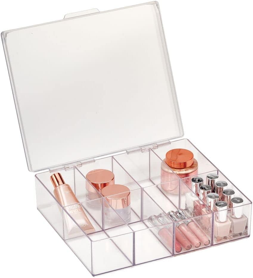 mDesign Bathroom Vanity Countertop Storage Cosmetic Organizer Box with Hinged Lid for Makeup, Beauty, Hair, Nail Supplies - 8 Divided Sections - Clear