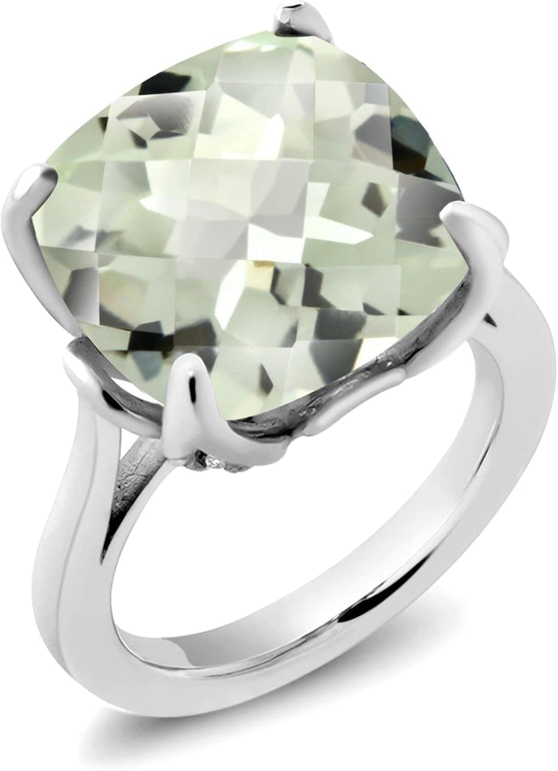 Gem Stone King 925 Sterling Silver Green Prasiolite Engagement Ring For Women (9.72 Cttw, 14MM Cushion Checkerboard, Available In Size 5, 6, 7, 8, 9)