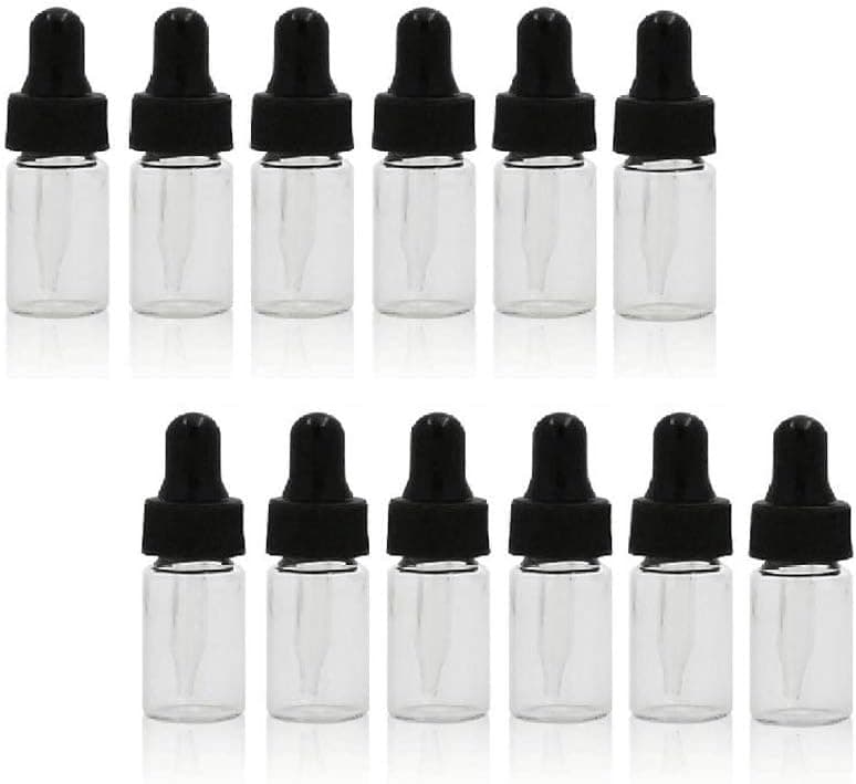 12Pcs 4ml/0.13oz Mini Empty Refillable Clear Glass Essential Oil Bottle Cosmetic Perfume Sample Packing Storage Container Vial Jars With Glass Eye Dropper and Black Cap
