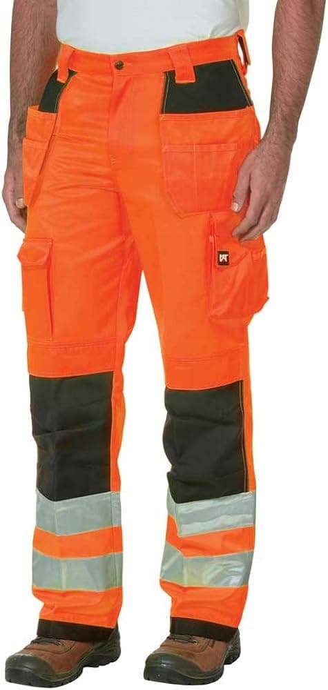 Caterpillar Men's Hi Vis Trademark Work Pants Made from Tough Canvas Fabric with Cargo Space, Class 2