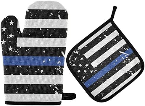 Oven Mitts and Pot Holders Sets, American Thin Blue Line Flag Heat Resistant Non Slip Oven Gloves Hot Pads for Cooking Baking BBQ Decorative Kitchen Gift(2-Piece Set)