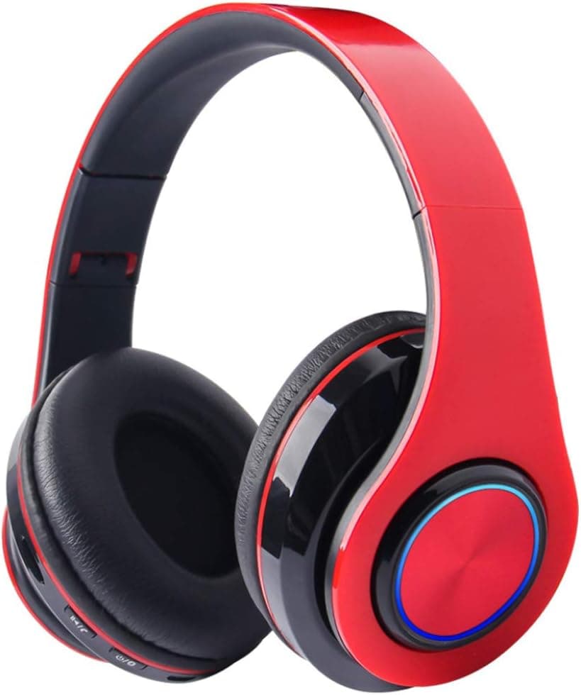 Bluetooth Headphones Over Ear, Deep Bass Hi-Fi Stereo Wireless Headset, Foldable, Comfortable Protein Earpads, w/Built-in Mic for Travel Work/Wired Mode PC/Cell Phones/TV - Red