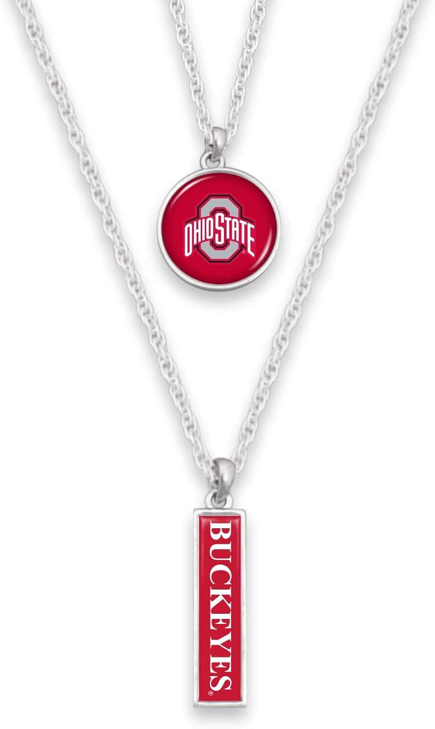 Ohio State Buckeyes Silver Tone Double Charm Necklace with Round Logo Charm and Nameplate Charm Necklaces