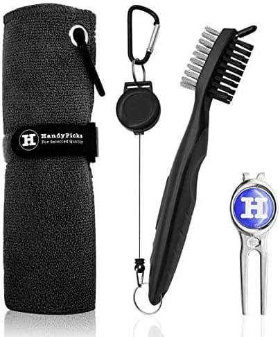 Handy Picks Microfiber Golf Towel (16" X 16") with Carabiner, Club Brush, Golf Divot Repair Tool with Ball Marker - Golf Accessories, Ideal for Golfers 3 in 1 Golf Cleaning Kit
