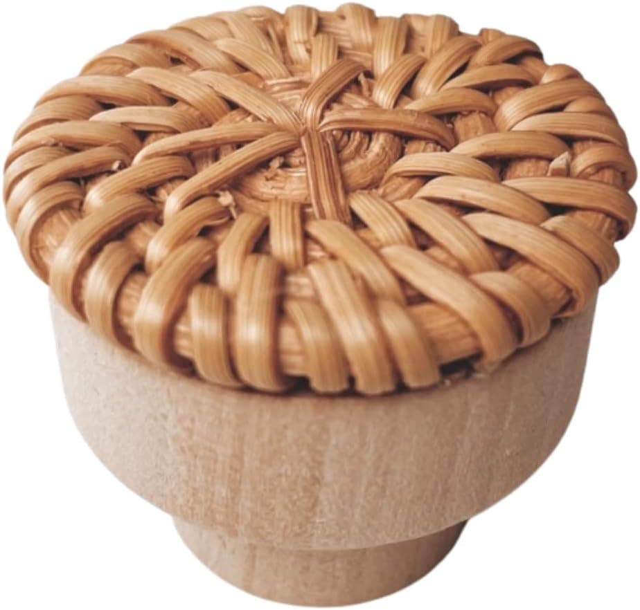 BOHOIFY 6pc Boho Rattan Knobs for Dresser, Drawers, Cabinet; Handmade Boho Wicker Woven Decorative Pulls Handles Home Decor Boho Wood Furniture (Caramel)