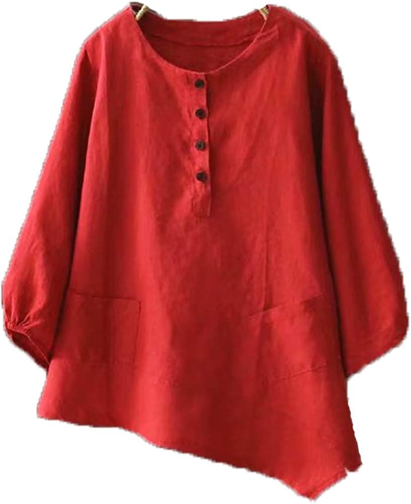 Minibee Women's Linen Tunic Blouse Elbow Sleeve Asymetrical Shirt Top with Pockets