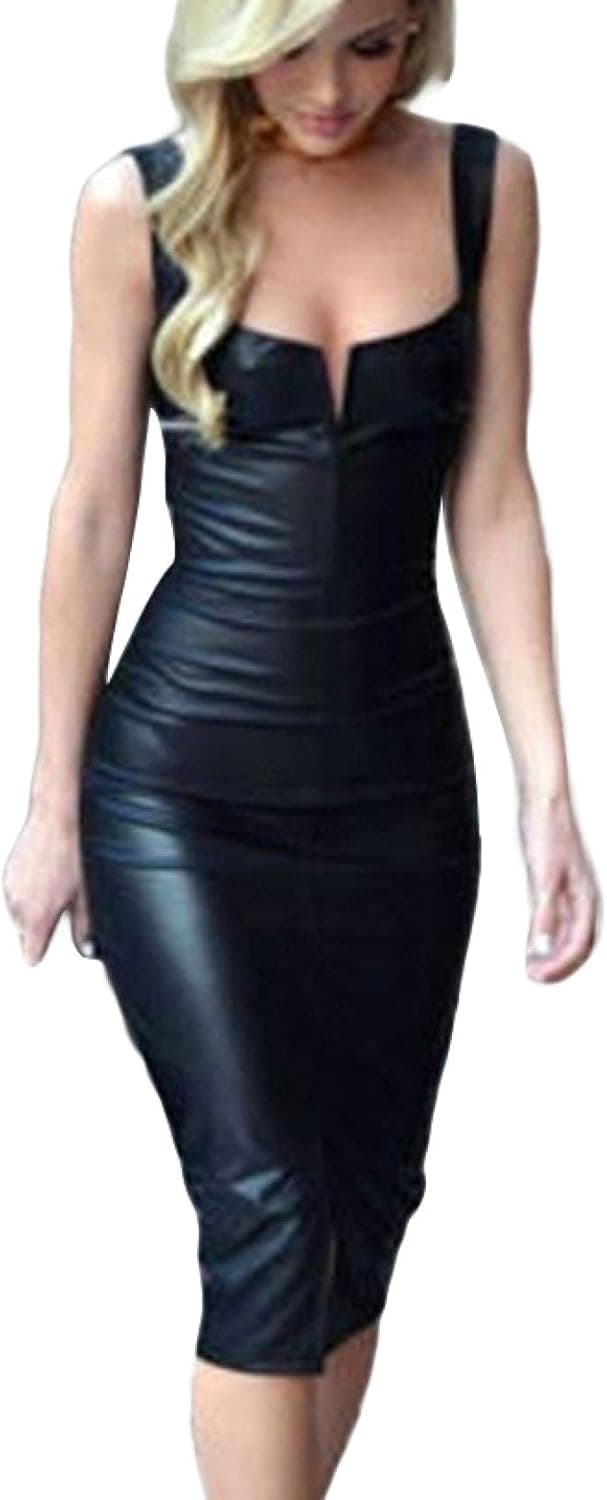 Faux Leather Bandage Bodycon Dress,Women Casual Midi Sheath Sexy Skinny Club Evening Party Zipper Dress